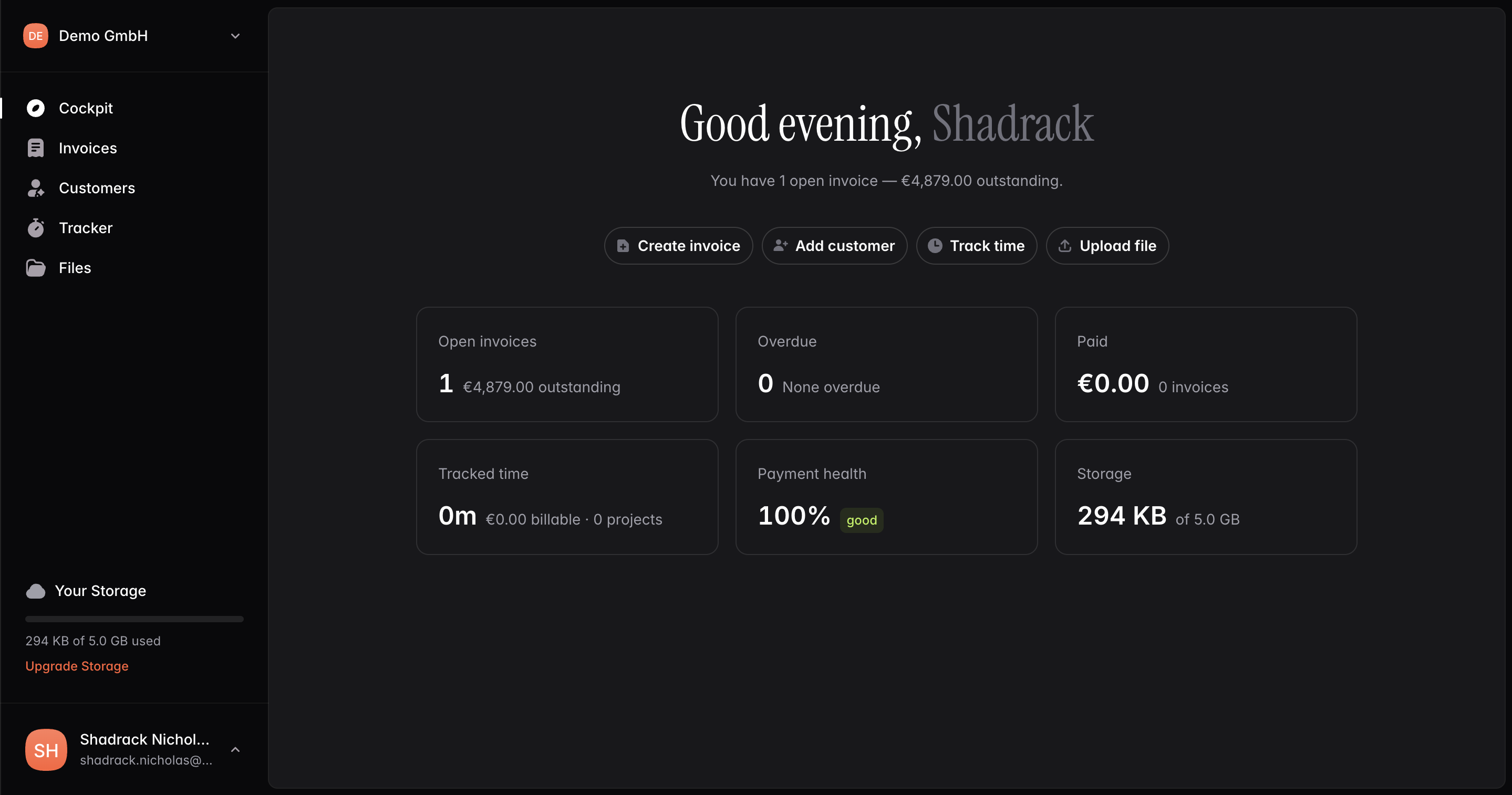 The Staaf cockpit, showing open invoices, what’s overdue, tracked billable time and file storage.